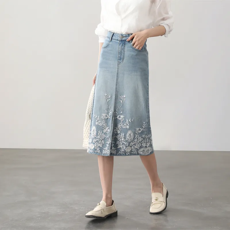 HIPPIEMISS Denim Long Skirts Women's Light Blue-2