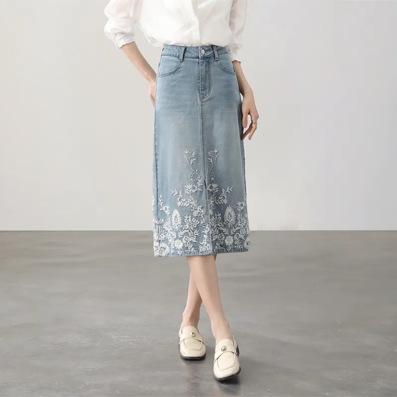 HIPPIEMISS Denim Long Skirts Women's Light Blue-3