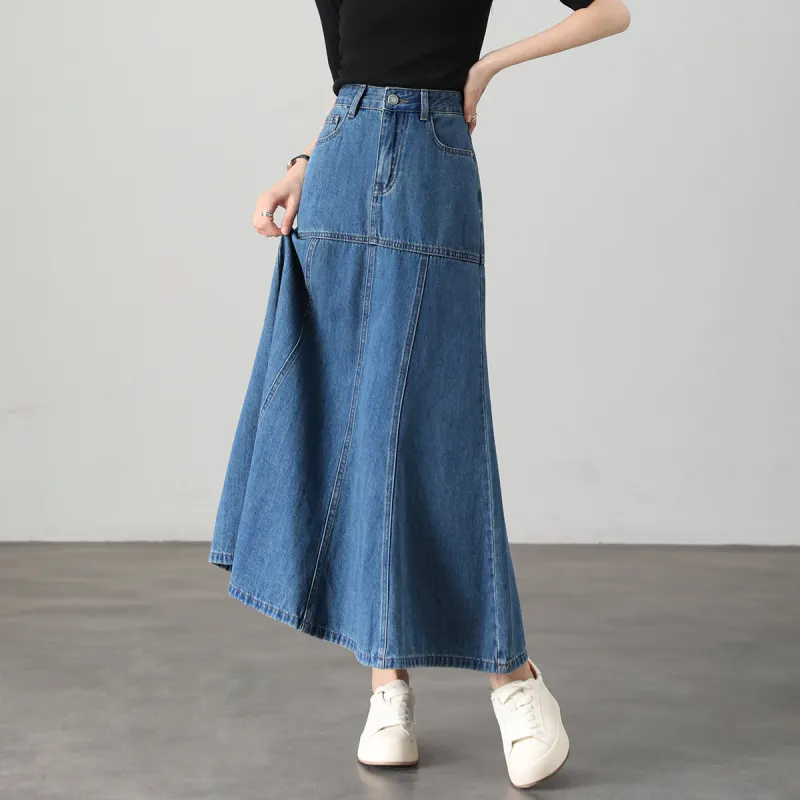 HIPPIEMISS Denim Long Skirts Women's Light Blue-1