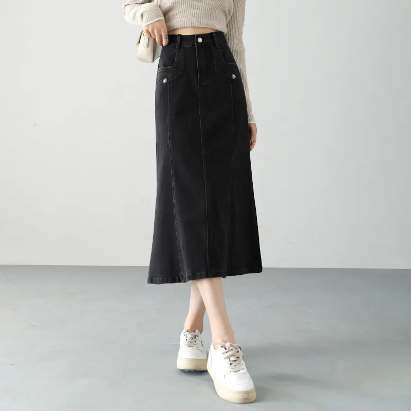 HIPPIEMISS Denim Long Skirt Women's Black-2
