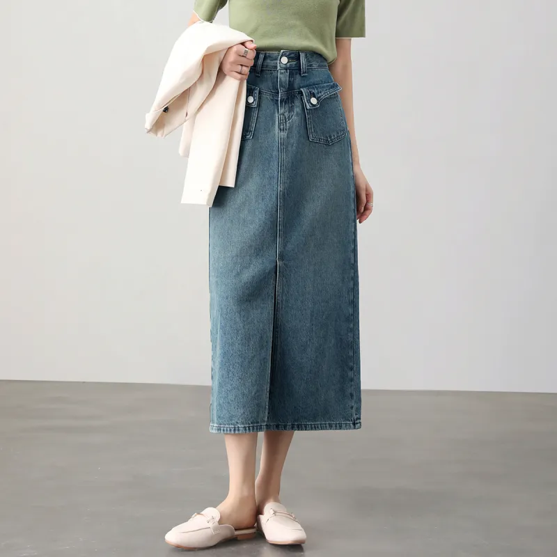 HIPPIEMISS Denim Long Skirts Women's Vintage Blue-3