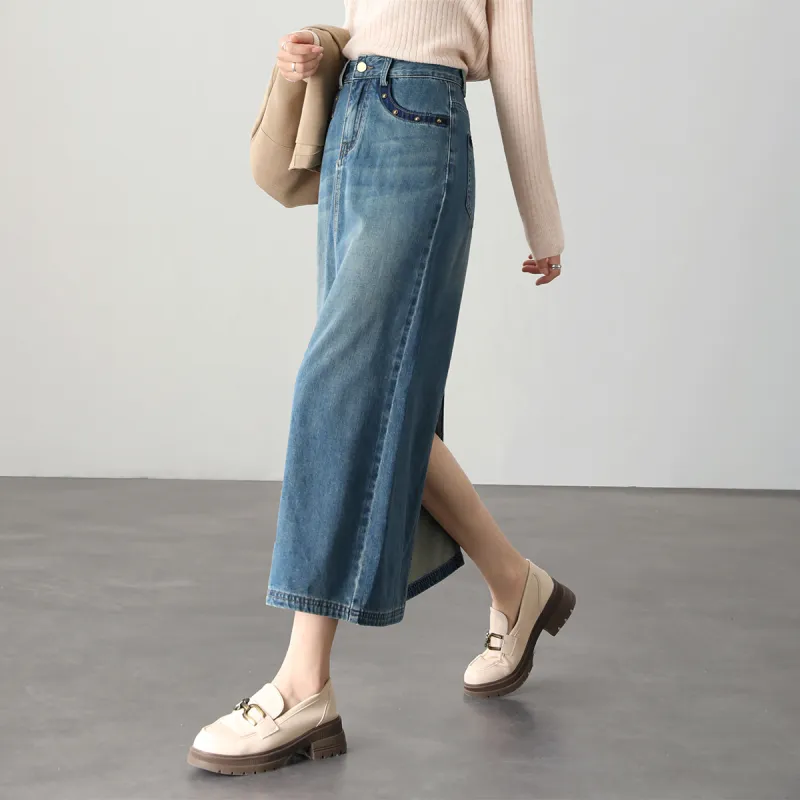 HIPPIEMISS Denim Long Skirts Women's Vintage Blue-3
