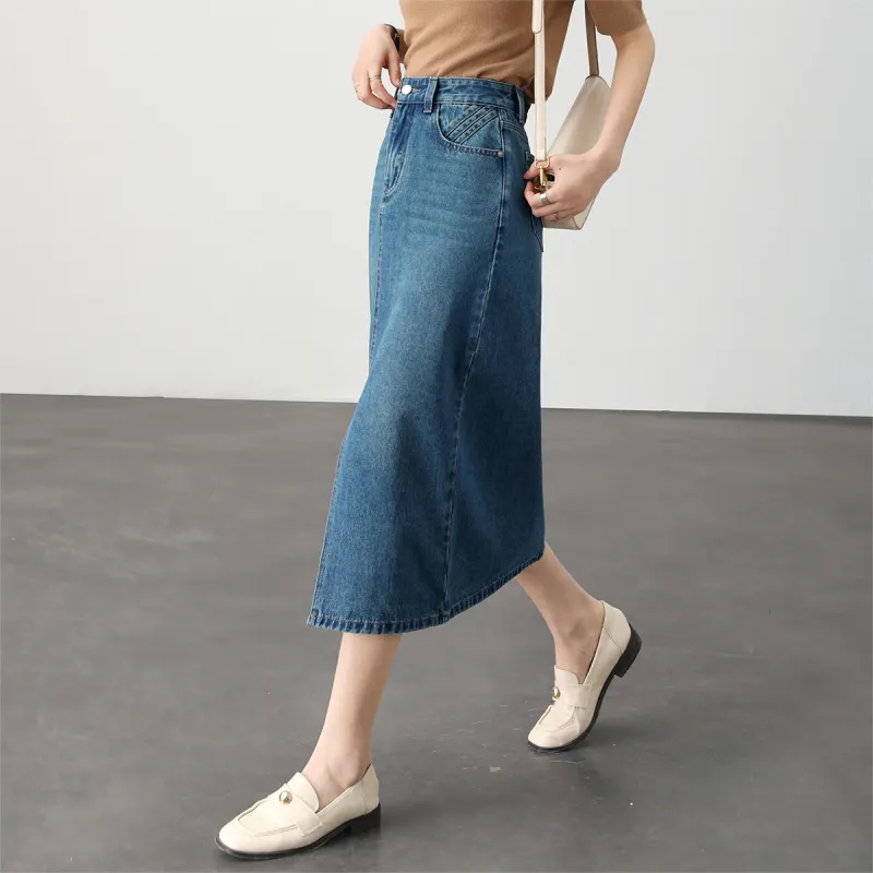 HIPPIEMISS Denim Long Skirt Women's Vintage Blue-6