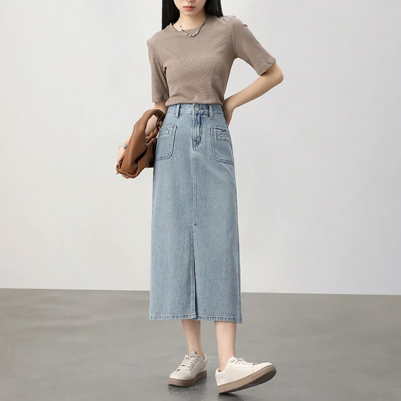 HIPPIEMISS Denim Long Skirts Women's Light Blue-4