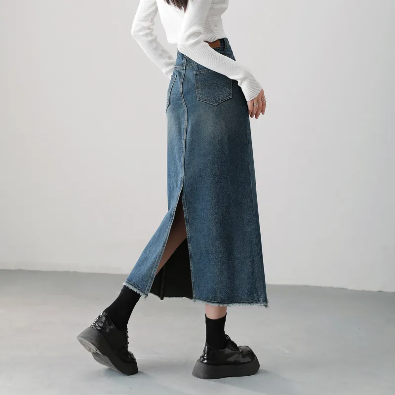 HIPPIEMISS Denim Long Skirts Women's Vintage Blue-5