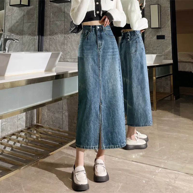HIPPIEMISS Denim Long Skirts Women's Vintage Blue-5