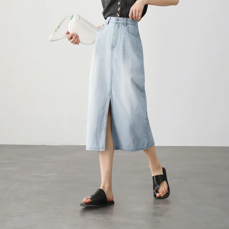 HIPPIEMISS Denim Long Skirts Women's Light Blue-4
