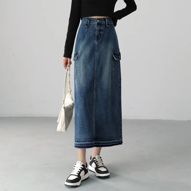 HIPPIEMISS Denim Long Skirts Women's Vintage Blue-5