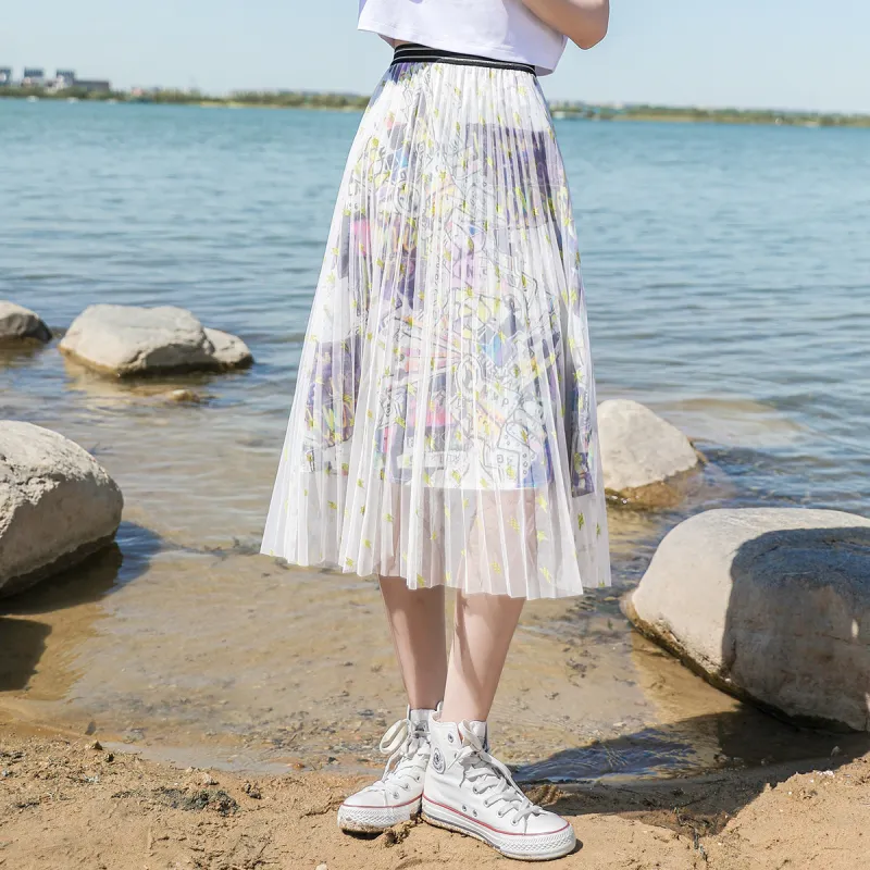 HIPPIEMISS Casual Long Skirts Women's White Green-2