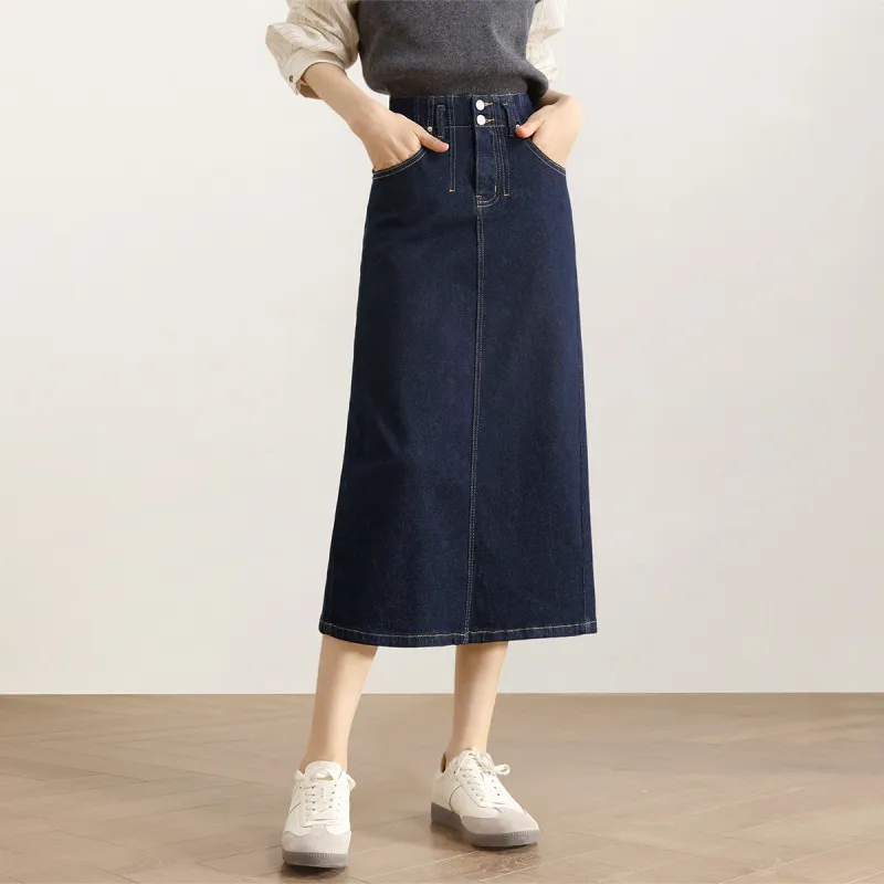 HIPPIEMISS Denim Long Skirts Women's Normal Washed Blue-5