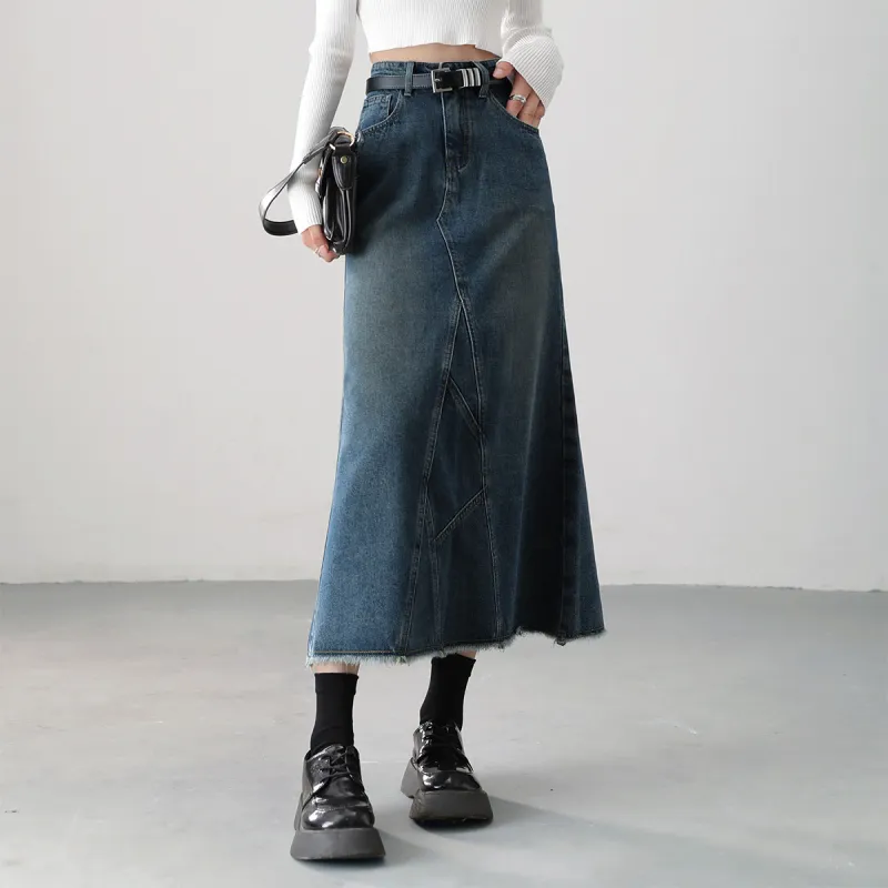 HIPPIEMISS Denim Long Skirts Women's Vintage Blue-4
