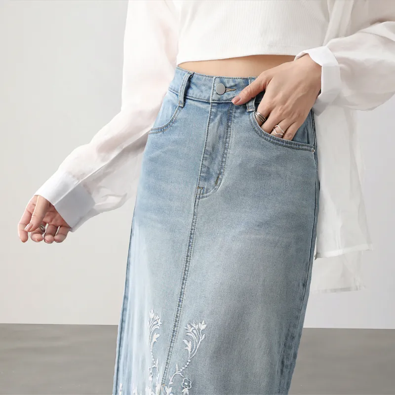 HIPPIEMISS Denim Long Skirts Women's Light Blue-9