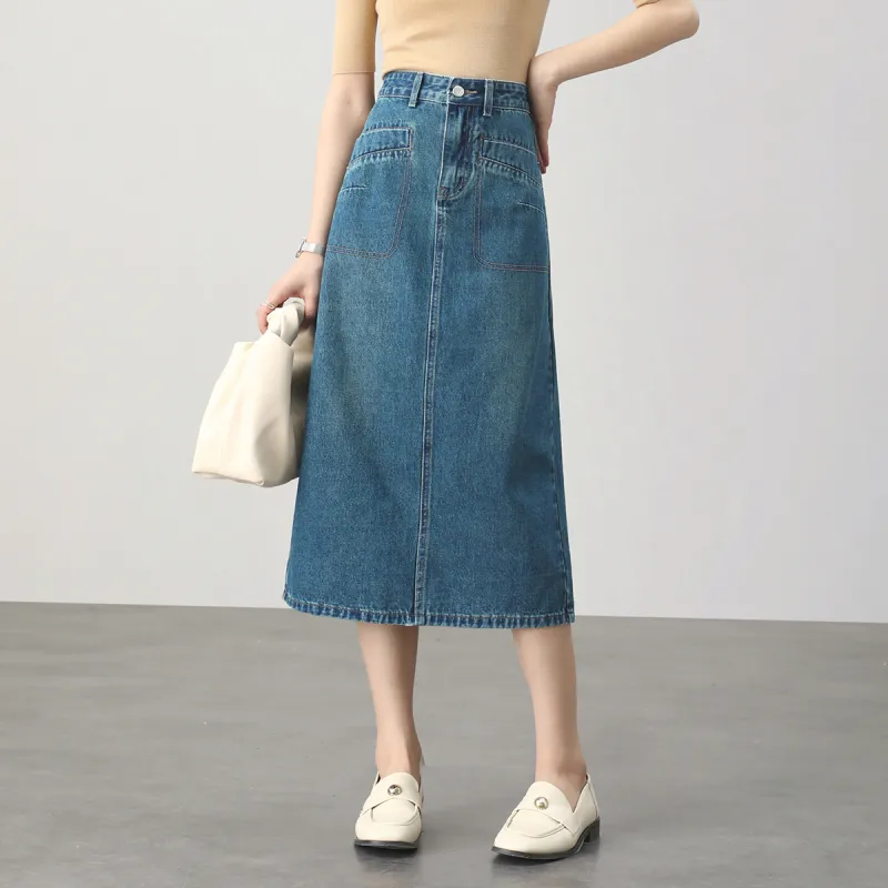 HIPPIEMISS Denim Long Skirts Women's Vintage Blue-2