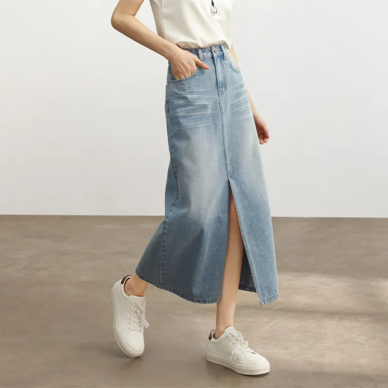 HIPPIEMISS Denim Long Skirts Women's Light Blue-4