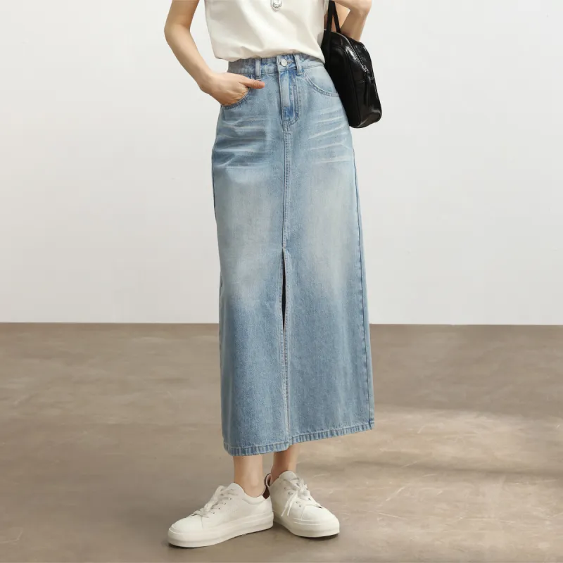 HIPPIEMISS Denim Long Skirts Women's Light Blue-5