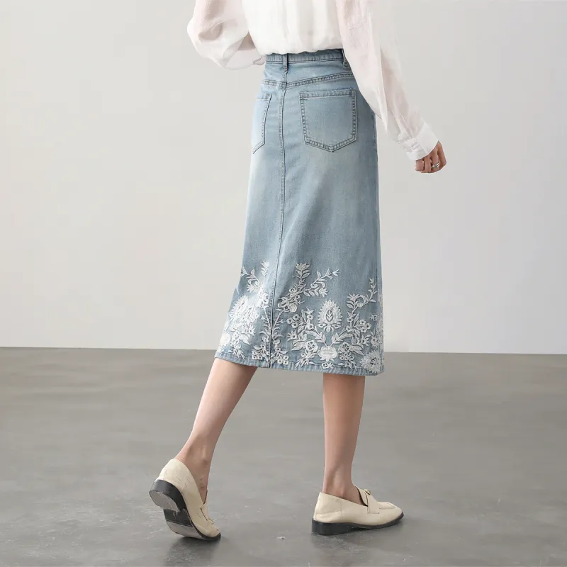 HIPPIEMISS Denim Long Skirts Women's Light Blue-7