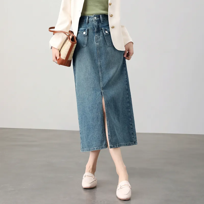 HIPPIEMISS Denim Long Skirts Women's Vintage Blue-6