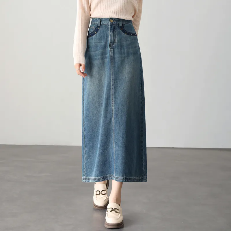 HIPPIEMISS Denim Long Skirts Women's Vintage Blue-2