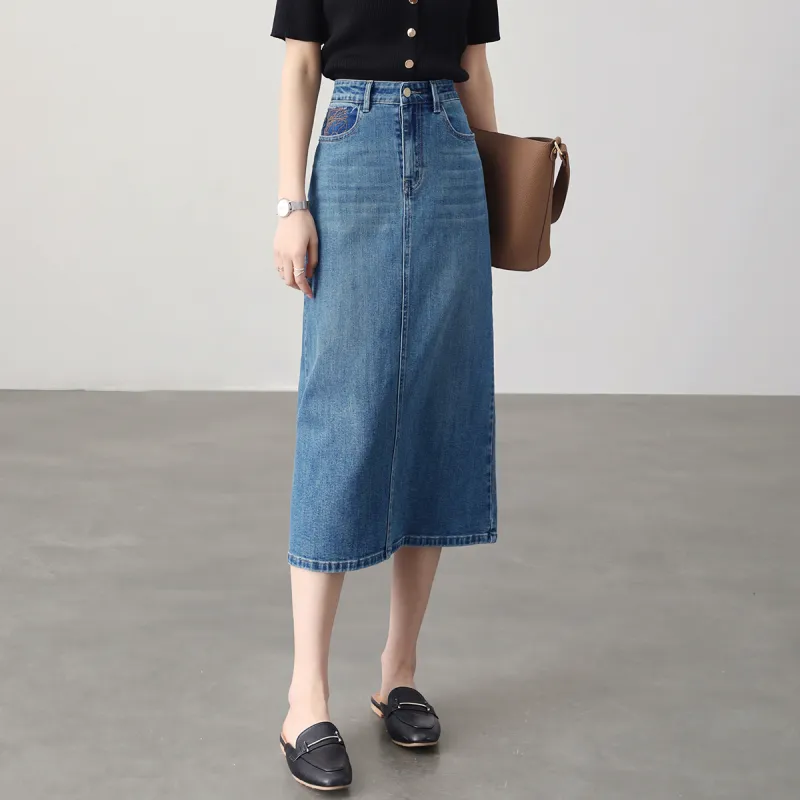 HIPPIEMISS Denim Long Skirts Women's Vintage Blue-5