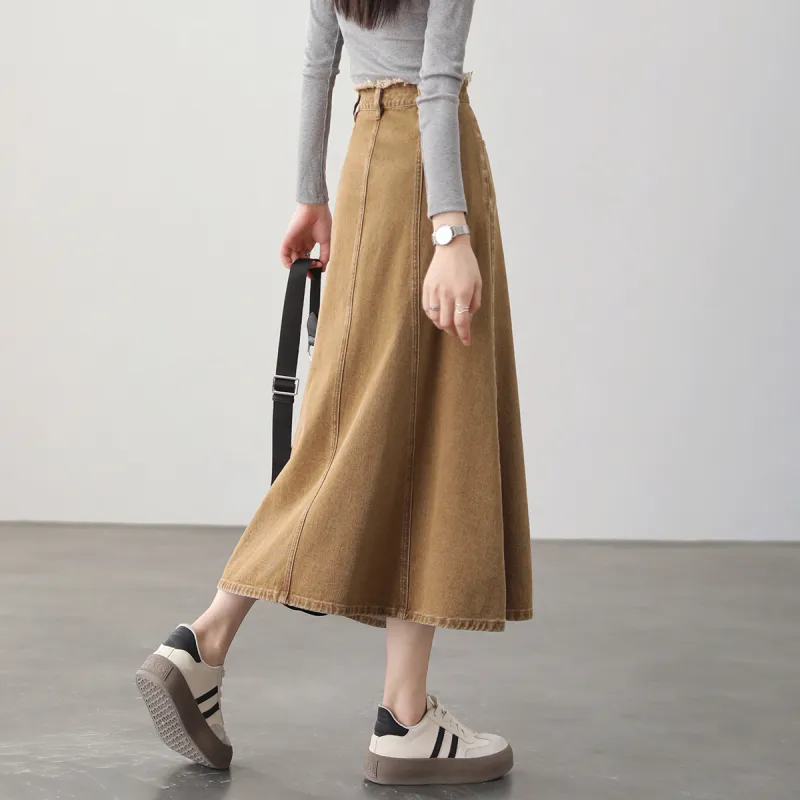 HIPPIEMISS Denim Long Skirts Women's Brown-4