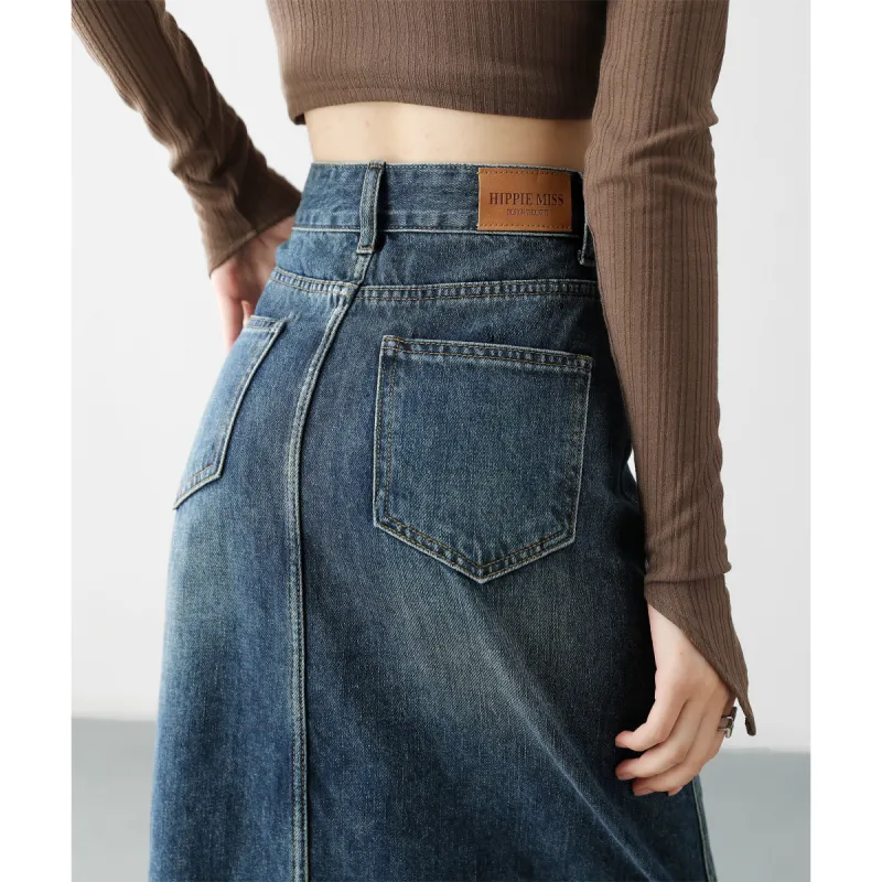 HIPPIEMISS Denim Long Skirts Women's Vintage Blue-5