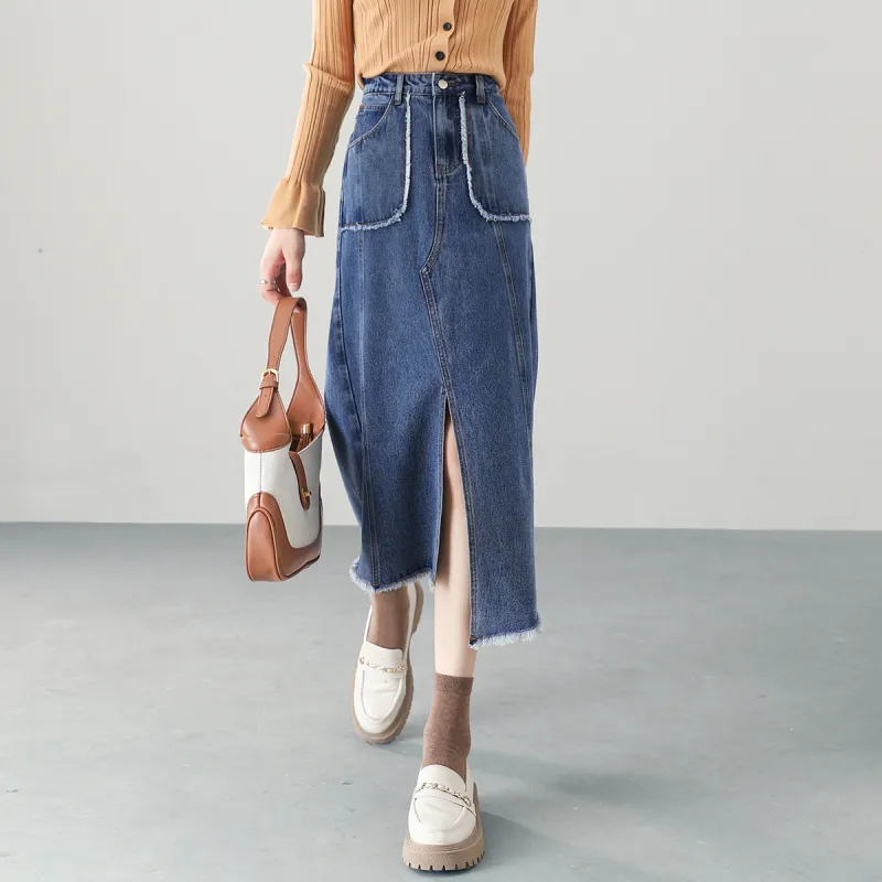 HIPPIEMISS Denim Long Skirts Women's Blue-4