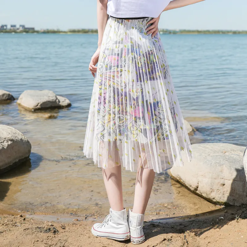 HIPPIEMISS Casual Long Skirts Women's White Green-4