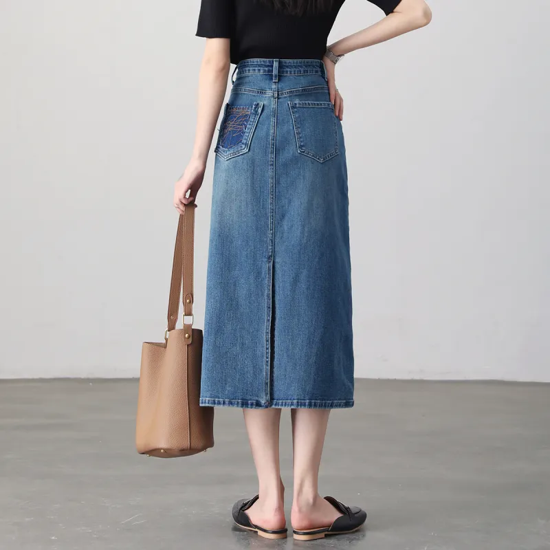 HIPPIEMISS Denim Long Skirts Women's Vintage Blue-7