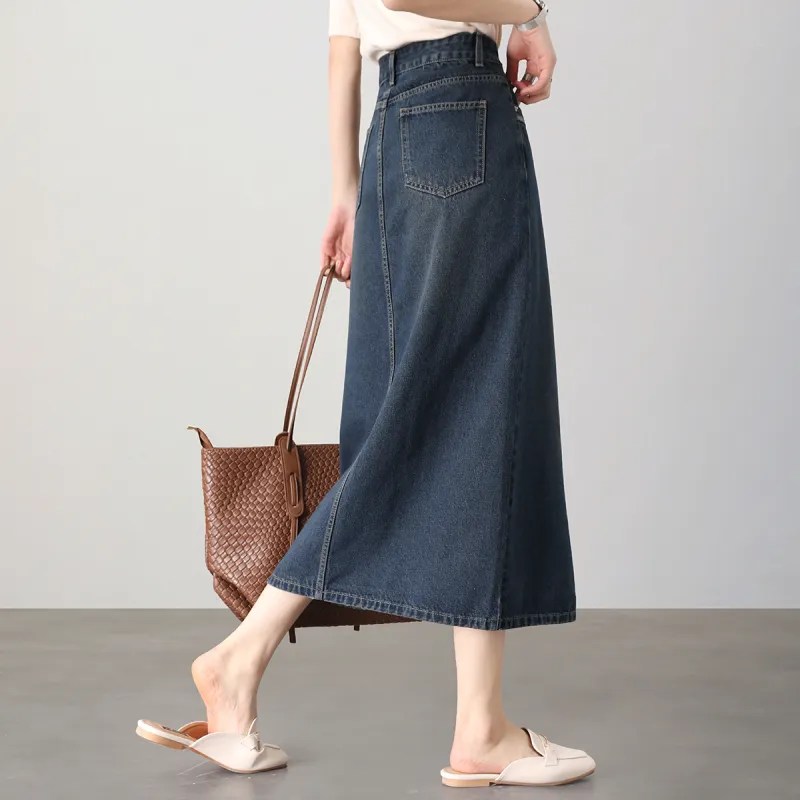 HIPPIEMISS Denim Long Skirts Women's Vintage Dark Blue-5