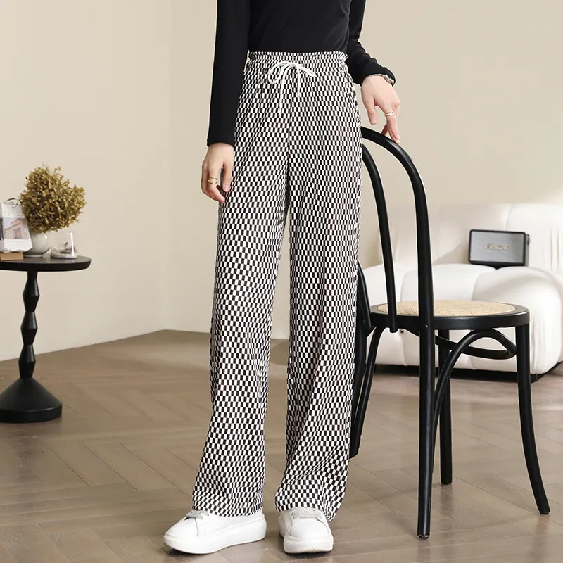 HIPPIEMISS Casual Pants Women's White Coffee Plaid-5