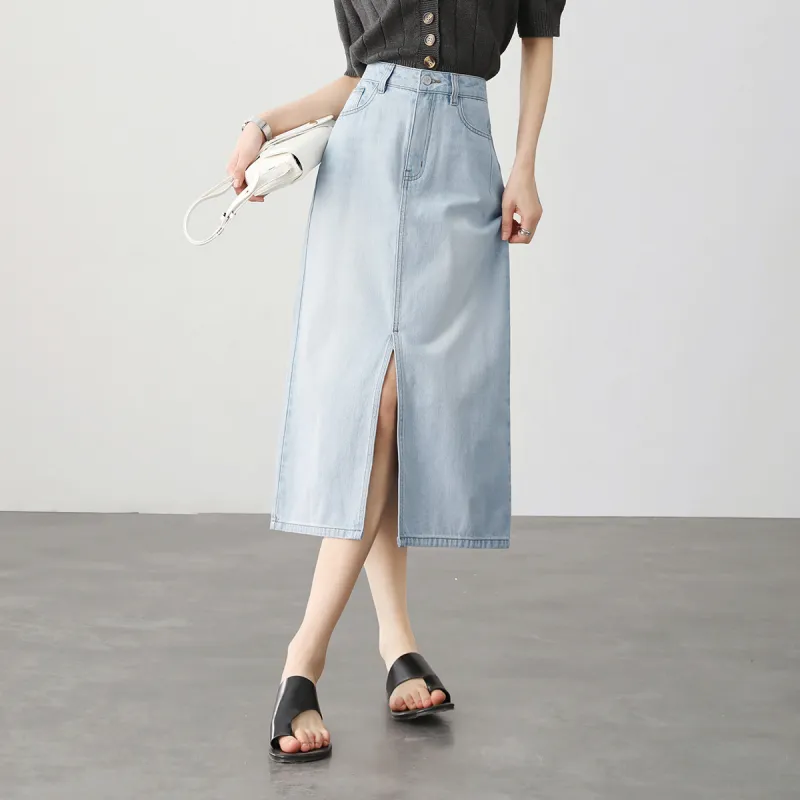 HIPPIEMISS Denim Long Skirts Women's Light Blue-3