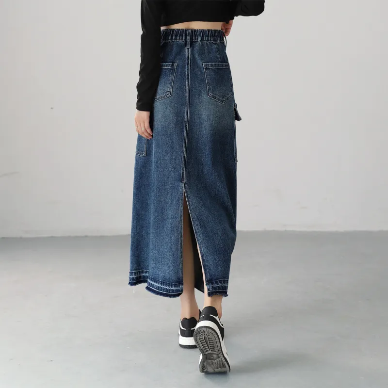 HIPPIEMISS Denim Long Skirts Women's Vintage Blue-3
