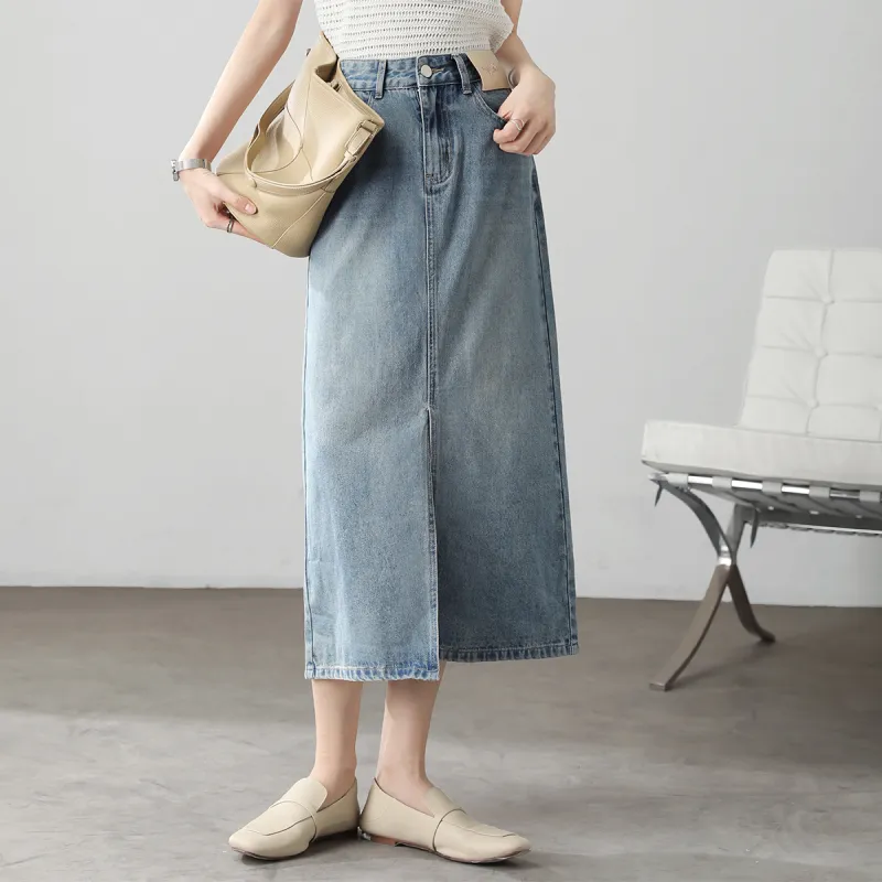 HIPPIEMISS Denim Long Skirts Women's Light Blue-5