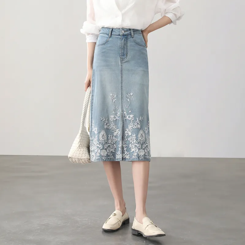 HIPPIEMISS Denim Long Skirts Women's Light Blue-8