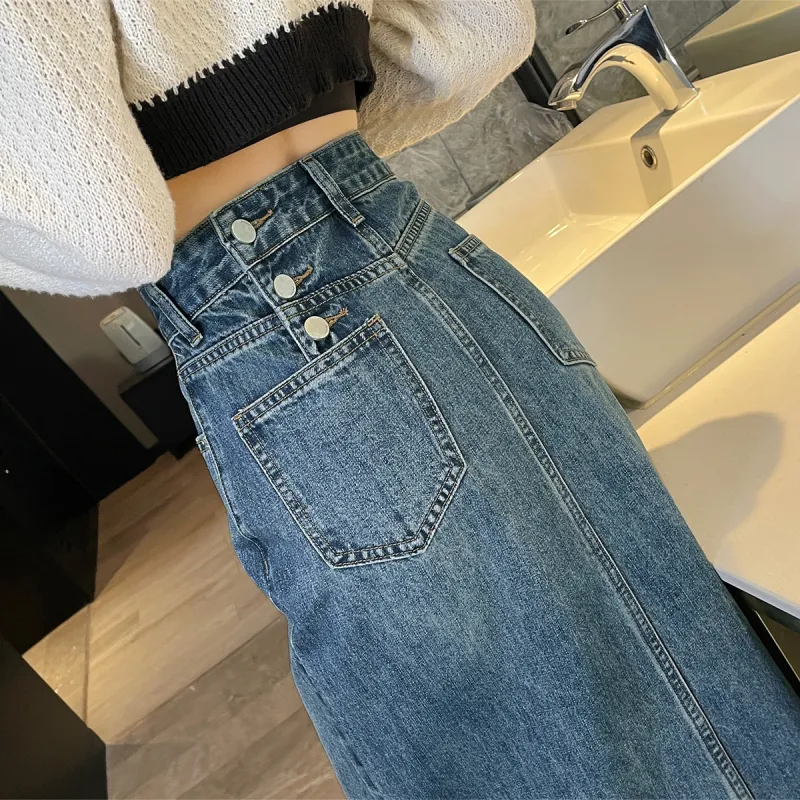 HIPPIEMISS Denim Long Skirts Women's Vintage Blue-3