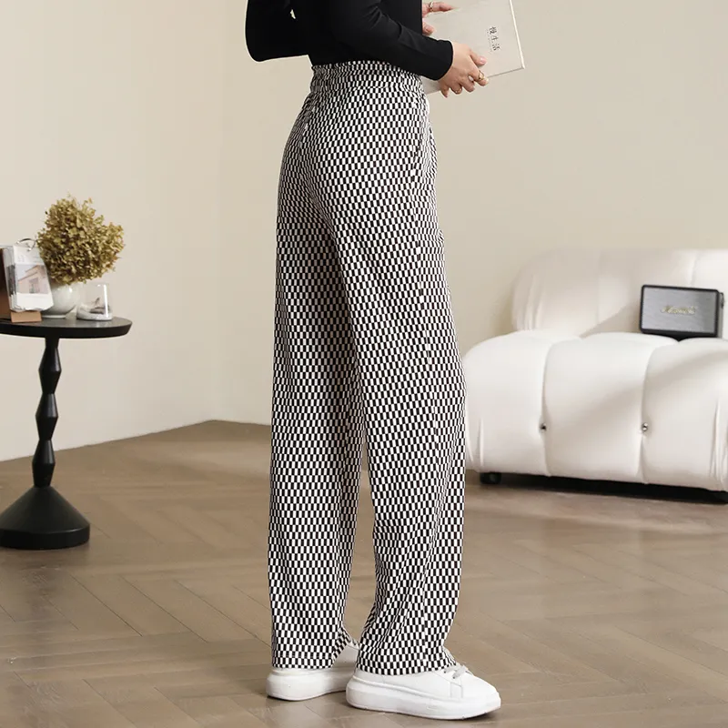 HIPPIEMISS Casual Pants Women's White Coffee Plaid-3