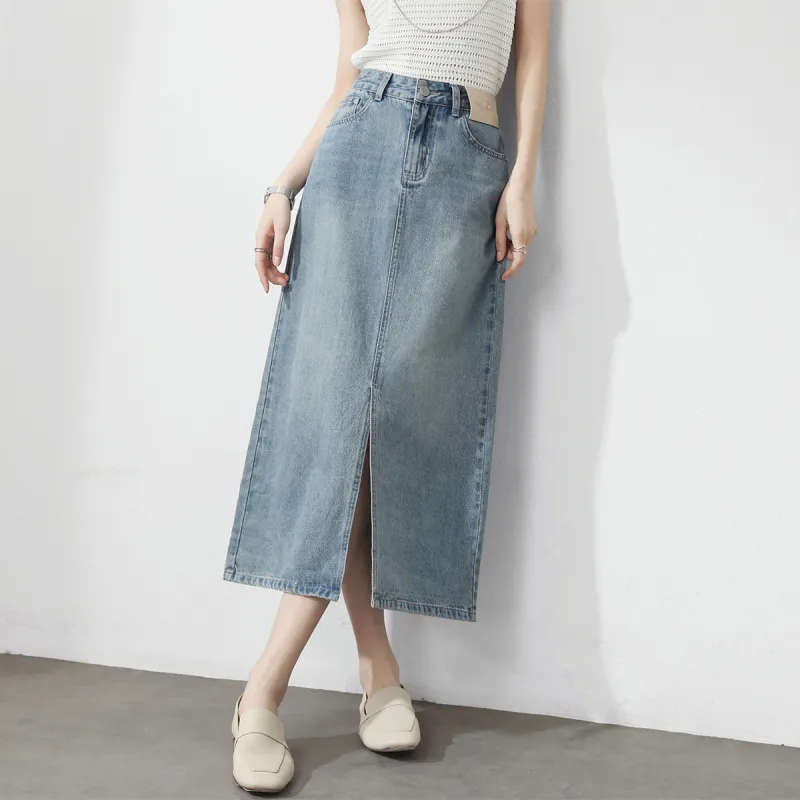 HIPPIEMISS Denim Long Skirts Women's Light Blue-6