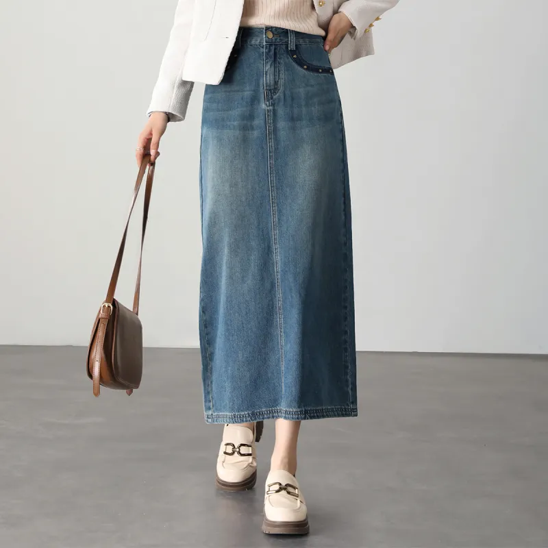 HIPPIEMISS Denim Long Skirts Women's Vintage Blue-5