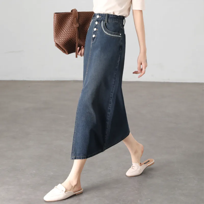 HIPPIEMISS Denim Long Skirts Women's Vintage Dark Blue-6