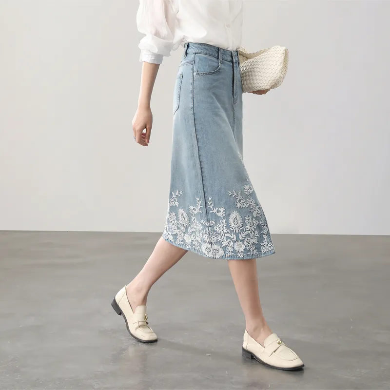 HIPPIEMISS Denim Long Skirts Women's Light Blue-4