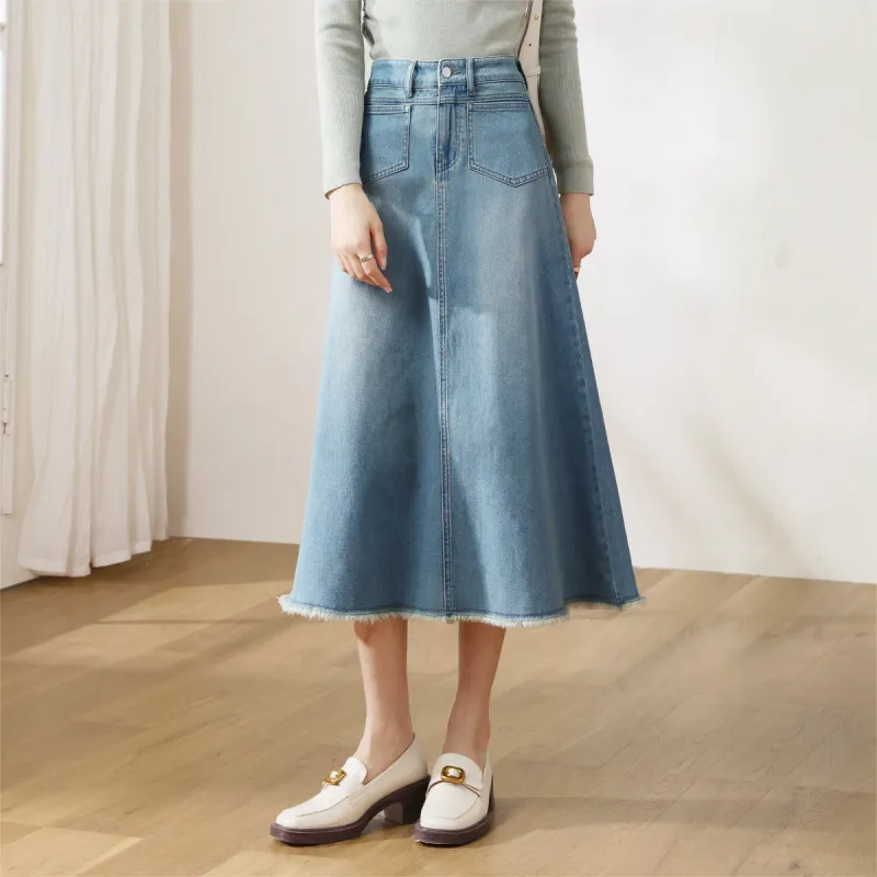 HIPPIEMISS Denim Long Skirts Women's Vintage Light Blue-2