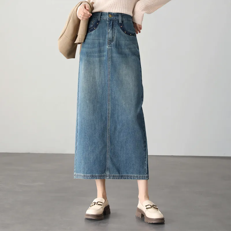 HIPPIEMISS Denim Long Skirts Women's Vintage Blue-4