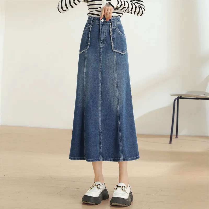 HIPPIEMISS Denim Long Skirts Women's Vintage Blue-2