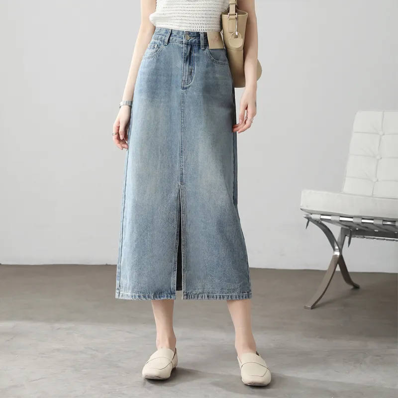 HIPPIEMISS Denim Long Skirts Women's Light Blue-2