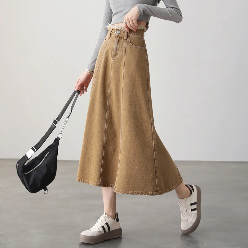HIPPIEMISS Denim Long Skirts Women's Brown-3