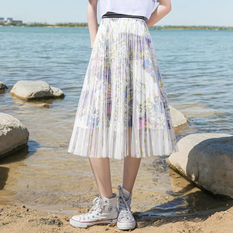 HIPPIEMISS Casual Long Skirts Women's White Green-6