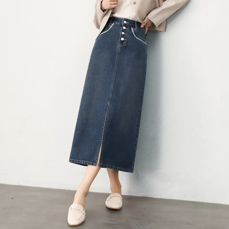 HIPPIEMISS Denim Long Skirts Women's Vintage Dark Blue-3