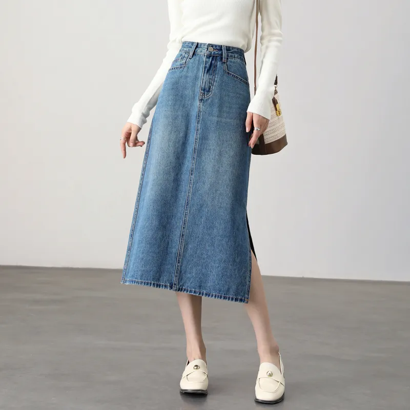 HIPPIEMISS Denim Long Skirts Women's Vintage Blue-2