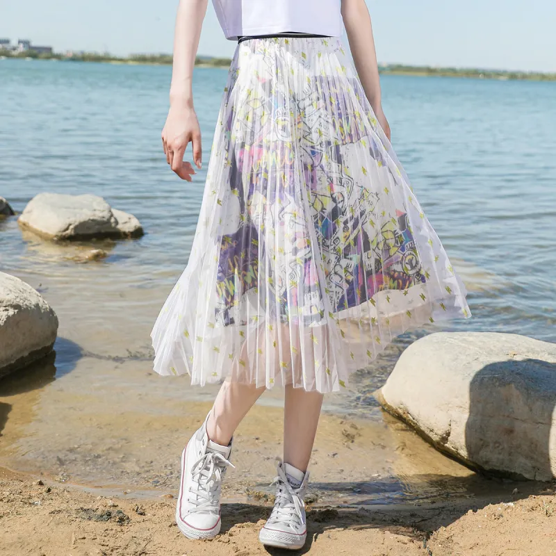HIPPIEMISS Casual Long Skirts Women's White Green-3
