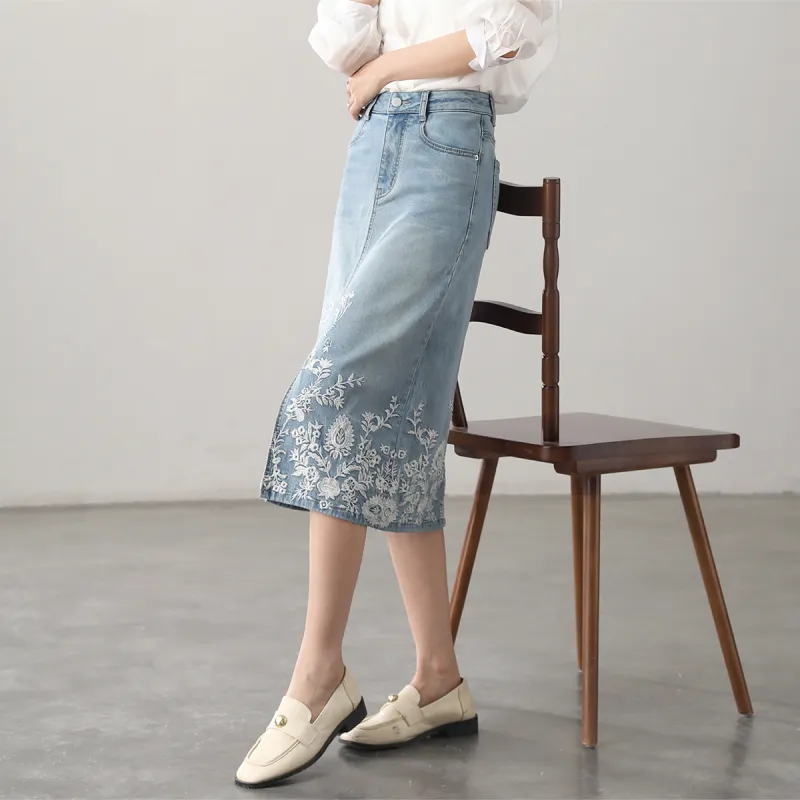 HIPPIEMISS Denim Long Skirts Women's Light Blue-6